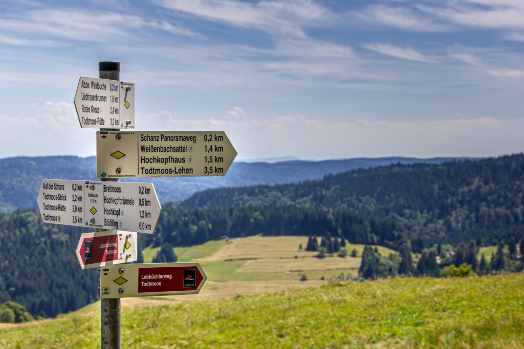 Wanderwegweiser vor Schwarzwald-Landschaft