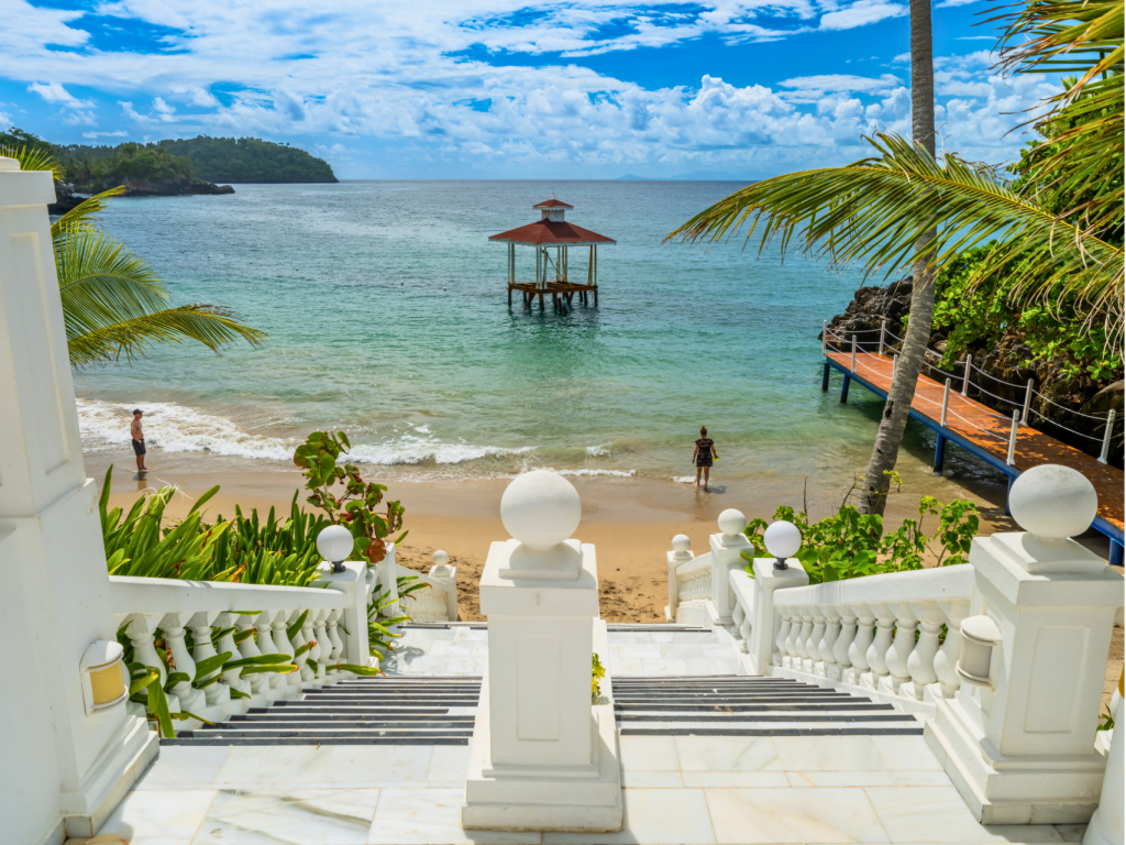 View of a beachfront hotel in Samaná, showcasing the region's commitment to sustainable tourism while preserving its natural beauty